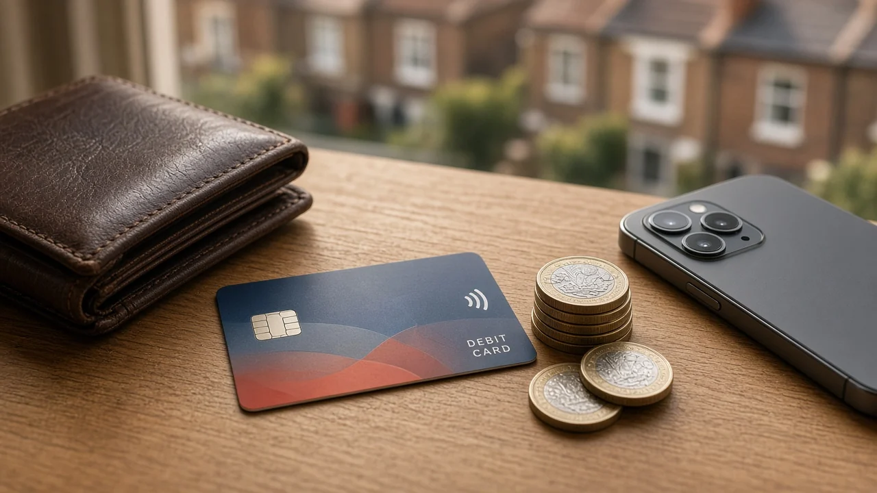 A British bank debit card, leather wallet, and UK pound coins on a wooden desk.