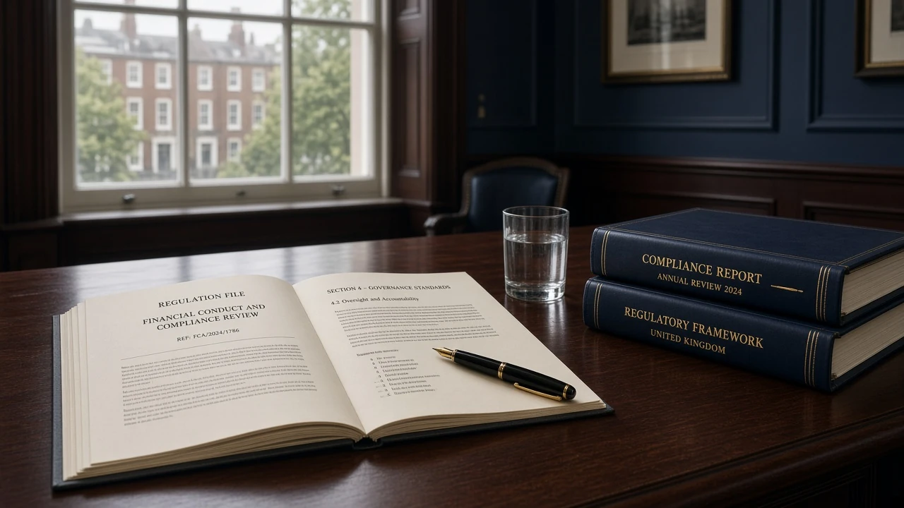 Formal regulatory documents in leather folders and a pen in an office.