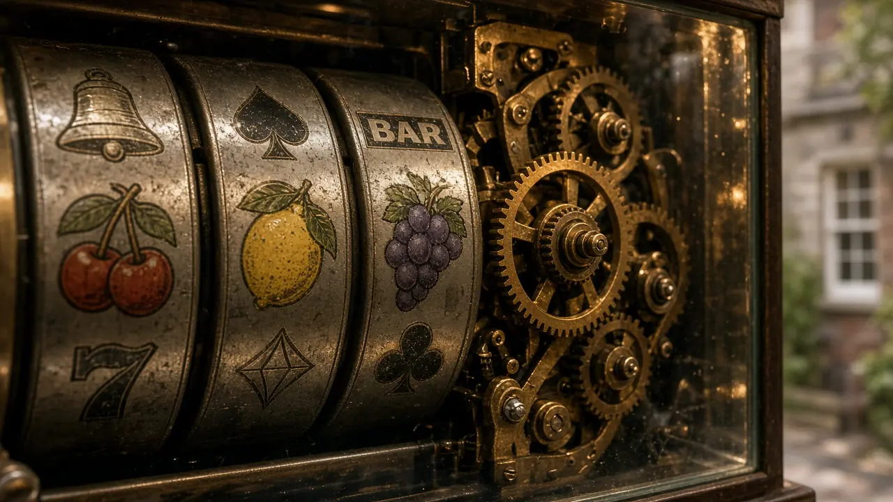 Detailed macro view of vintage mechanical gaming reels and brass components.