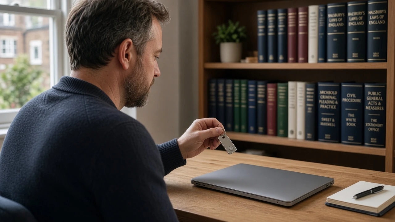 A person holding a digital security token at a desk with a closed laptop.